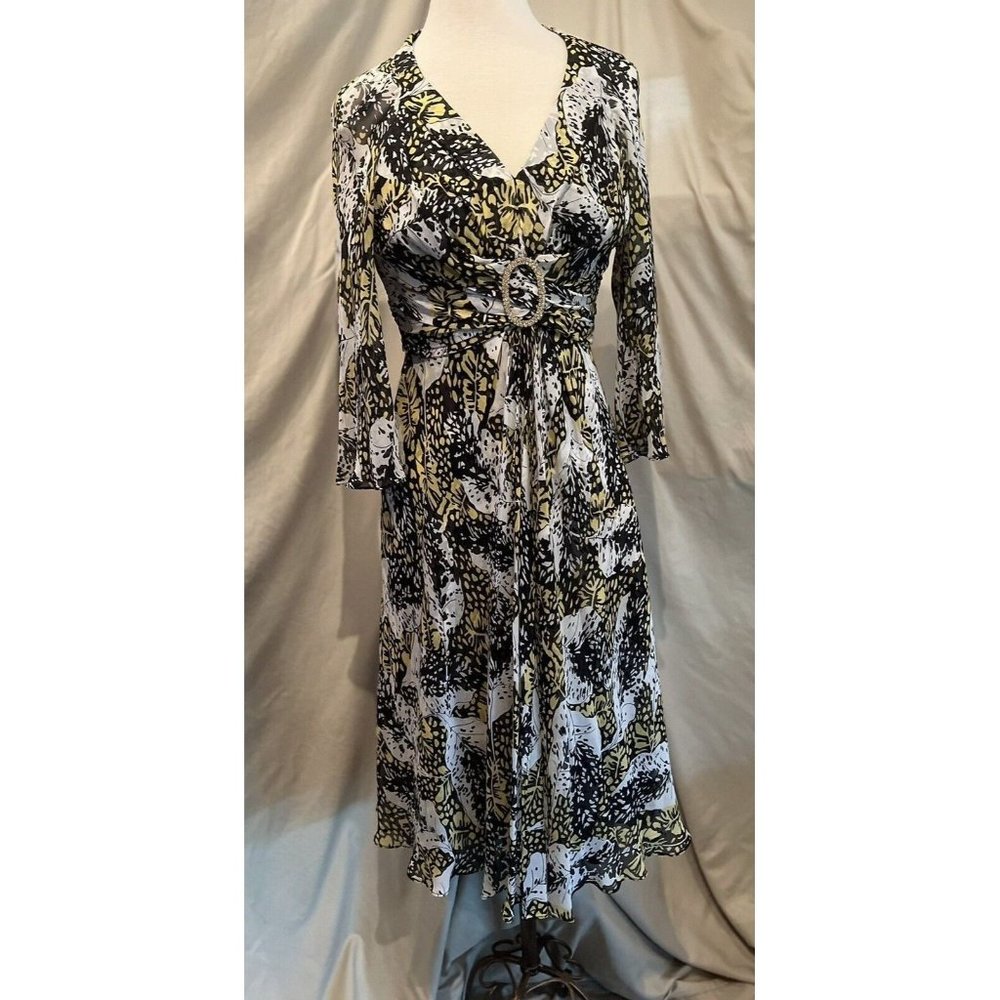 DONNA RICCO Collection Dress Silk Floral Print V Neck  Yellow Black Size 10